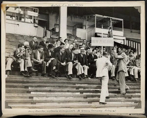 Photograph of the 1934 New Zealand Empire Games team preparing for the opening ceremony rehearsal