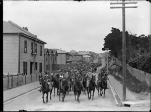 Massey's Special Constables on horseback, Hanson Street, Wellington, during the 1913 Waterfront Strike