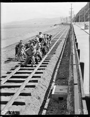 Moving railway track on the Hutt Road, Wellington
