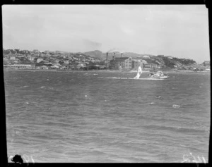A Royal New Zealand Air Force Catalina flying boat at Evans Bay, Wellington, after being damaged during take-off