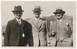 Robson, Edward Thomas, 1875-1953 : Photograph of Members of Parliament, Michael Savage, Mark Fagan and Patrick Webb, at the Wellington trots