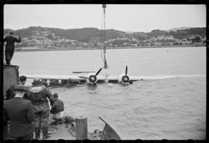 Raising a Royal New Zealand Air Force Catalina flying boat, Evans Bay, Wellington