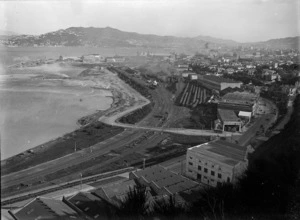 Railway yards and trackless tram, Thorndon, Wellington