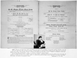 Wellington Industrial Exhibition 1896-7 :Evening Opening performance. Programme. Part I, by Mr Maughan Barnett's Musical Society. "Hinemoa" written by Arthur Adams ... composed and conducted by Alfred F. Hill. Part II, by the Festival Choral Society. 1896.