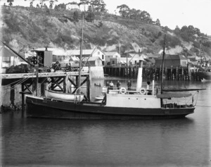 View of S.S. Lily tied up at wharf, Nelson Port