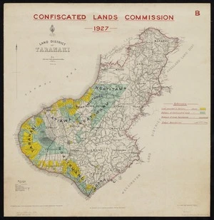New Zealand. Confiscated Lands Commission: [Land allocation and confiscation in the Taranaki Region, 1927] [map with ms annotations].