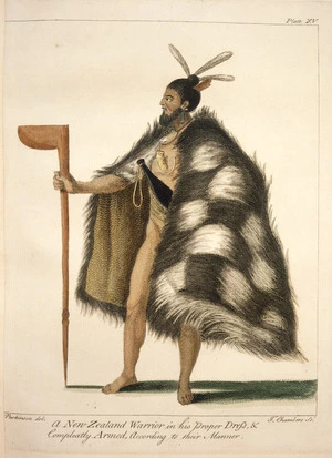 Parkinson, Sydney, 1745-1771 :A New Zealand warrior in his proper dress & compleatly armed according to their manner. Parkinson del. T. Chambers sc. [London, 1784]