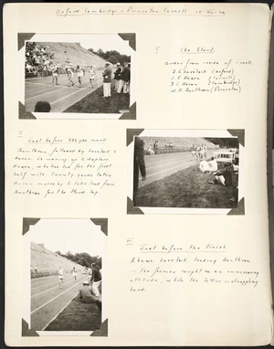 Journal page showing photographs and notes of Jack Lovelock's world record mile race