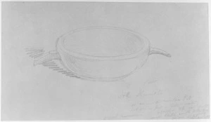 [Angas, George French] 1822-1886 :He kumeti or ancient wooden pot - hot stones put in little water, & food on top cov'd with mats & little earth to keep in steam - to cook kumaras - Otawhao [near Waipa. 1844]