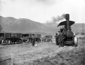 Road construction using a steam traction-engine