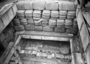 Bales of wool packed inside a ship