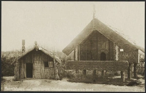 Whare and pataka at the model village in Whakarewarewa - Photograph taken by Frederick George Radcliffe