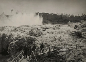Creator unknown :Photograph of the thermal area at Whakarewarewa, including Pohutu Geyser