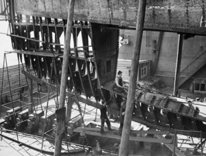 The hull of the ship Wanganella under repair at the floating dock in Wellington