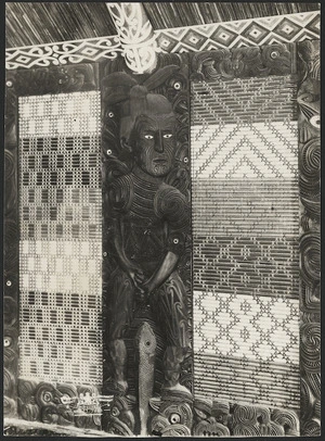 Maori carvings and tukutuku panels inside Rauru wharenui, Whakarewarewa
