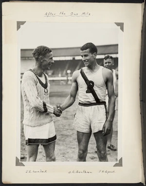 Photograph of Jack Lovelock being congratulated by W R (Bill) Bonthron