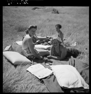 Women's Army Auxiliary Corps members sunbathing while off duty, Godley Head, Lyttelton, Christchurch