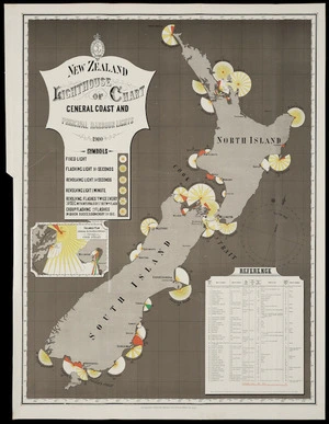 New Zealand lighthouse chart of general coast and principal harbour lights, 1900 / A Koch, del.