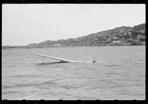 A Royal New Zealand Air Force Catalina flying boat in the sea, Evans Bay, Wellington