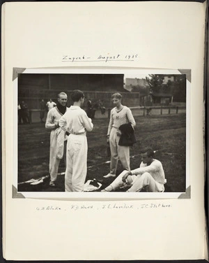 Photograph showing Jack Lovelock, G N Blake, P D Ward and J C Stotherd preparing for an athletics event in Zagreb