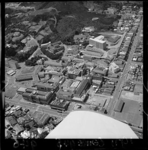 Aerial view of Wellington Public Hospital buildings, Newtown, Wellington