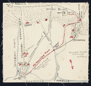 [Creator unknown] :[Sketch map of country around Gate Pa, with scouting tracks and battle sites] [ms map]. [1864?]