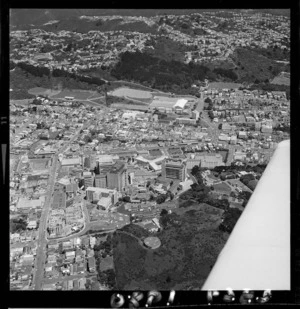 Aerial view of Newtown, Wellington, with Wellington Public Hospital buildings in the centre
