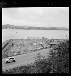 Tasman Empire Airways Ltd engineering shop under construction on Evans Bay reclamation