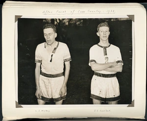 Photograph of Jack Lovelock and C J Mabey after the Oxford-Cambridge cross-country match