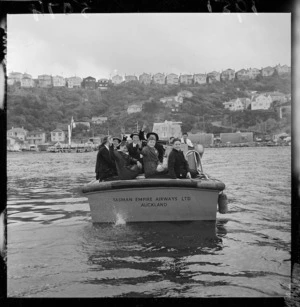 School children returning to the Evans Bay Yacht Club after a visit to the TEAL Solent flying boat Awatere