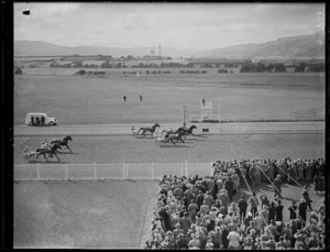 Finish of trotting race at Hutt Park, Wellington