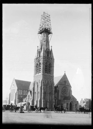 Creator unknown: Christ Church Cathedral, Christchurch, with spire being rebuilt