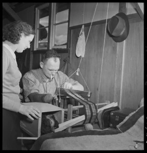 Disabled World War II veteran, operating a loom, St Dunstans's, Auckland - Photograph taken by Sparrow
