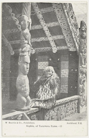 William Beattie & Company : Photograph of Maori guide, Sophia Hinerangi, at Te Rauru meeting house, Whakarewarewa