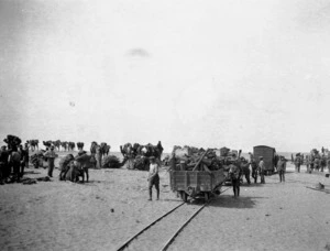 Loading equipment from railway wagons to camels, Serapium, Egypt, World War I