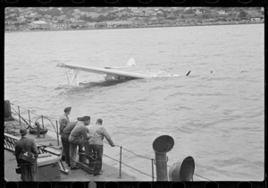 A Royal New Zealand Air Force Catalina flying boat in the water at Evans Bay, Wellington