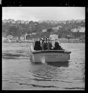 School children returning to the Evans Bay Yacht Club, Wellington, after a visit to the TEAL Solent flying boat Awatere