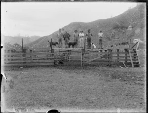 Men at saleyards, Taranaki district