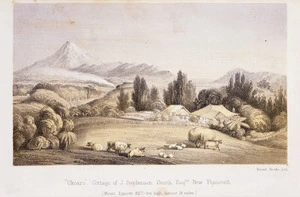 [Smith, Hannah Stephenson] 1813-1891. Attributed works :Okoaro, cottage of J. Stephenson Smith, Esqre, New Plymouth. Mount Egmont 8270 feet high, distant 15 miles. Vincent Brooks lith. [London, Stanford, 1857]