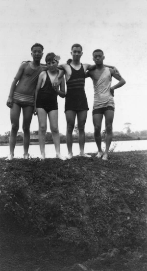 Rewi Alley's adopted sons, Alan and Mike, with two European friends