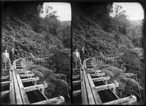 Water race carrying water to Crown Mines power plant in Waitawheta Gorge, Ohinemuri, Waikato