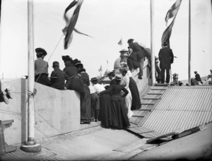 Spectators on the roof of the Union Steam Ship Co building, corner of Customhouse Quay and Johnston Street, Wellington