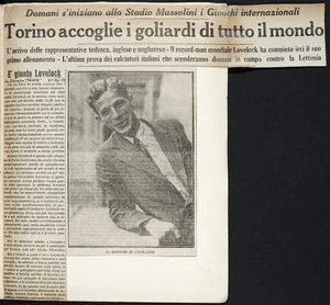 Newspaper clipping about Jack Lovelock on his arrival in Turin