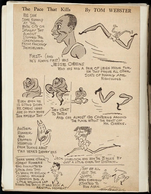 Newspaper cartoon showing Jesse Owens, Jack Lovelock and others