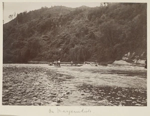 View of men in canoes on the Whanganui River