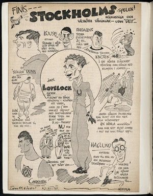 Cartoon showing Jack Lovelock, relating to an athletic meeting at Stockholm