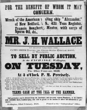 Poster advertising the selling of the wreck of the American whaling ship Alexander