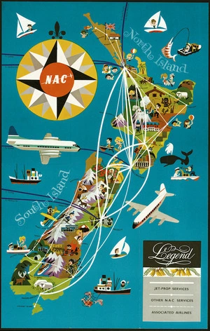 New Zealand National Airways Corporation :NAC [fun route map. ca 1960]