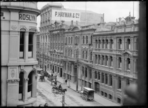 Victoria Street, Wellington, looking south, showing the P Hayman & Co. building, the Empire Hotel, and the building of Bing Harris