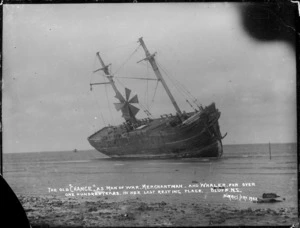 Sailing ship Chance, aground at Bluff, 1902. The old "Chance", as man of war, merchantman, and whaler for over one hundred years. In her last resting place. Bluff, N.Z.